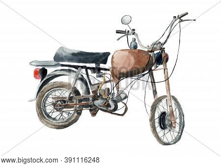 Old Rusty Moped Watercolor Drawing, Moped On A White Background