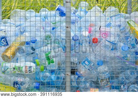 Phang Nga, Thailand -  October 16, 2020 : Empty Beverage Bottles In The Trash Bin, Plastic Bottles T