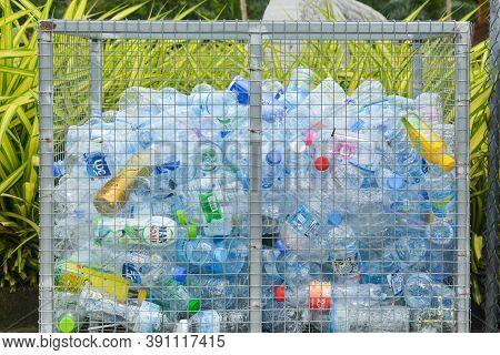 Phang Nga, Thailand -  October 16, 2020 : Empty Beverage Bottles In The Trash Bin, Plastic Bottles T