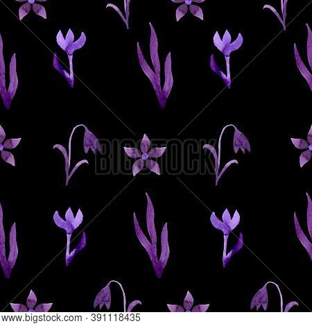 Pattern Lilac Flowers On A Black Background Watercolor