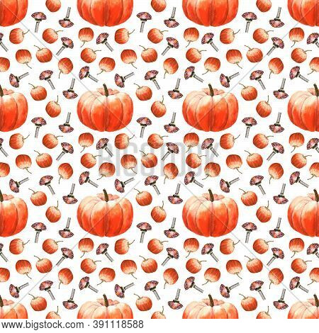 Pumpkin And Fly Agaric Pattern, Watercolor Seamless Pattern On White Background