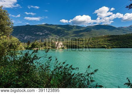 Lake Toblino (lago Di Toblino) With The Medieval Castle, Small Alpine Lake In Trentino Alto Adige, M