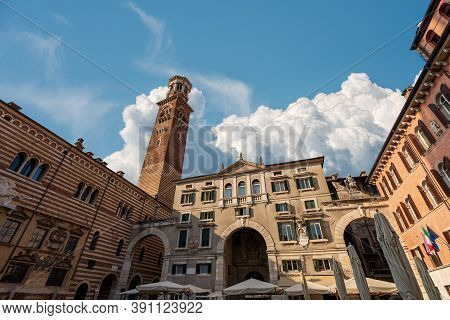 Verona, Piazza Dei Signori Or Piazza Dante, Square In The Historic Center Of The City With The Lambe