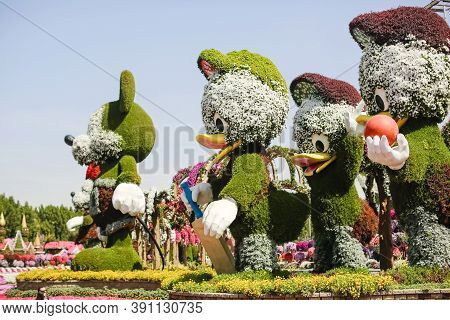 Dubai Uae February 19, 2020 Miracle Garden. Figures Of Flowers Animals Ducks, Mickey Mouse . Bright 