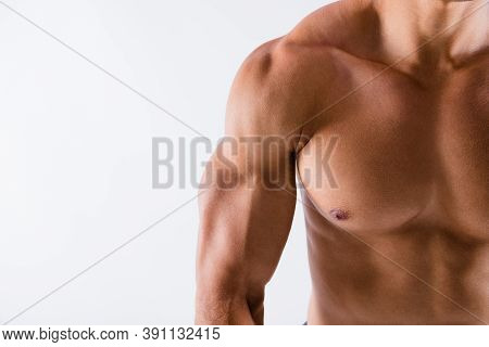 Cropped Close-up View Of His He Nice Attractive Powerful Strong Tanned Guy Perfect Shape Form Figure