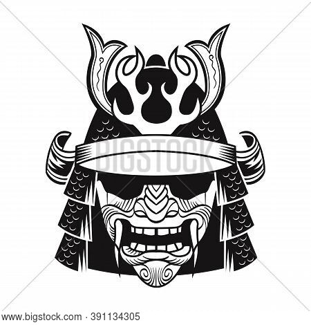 Samurai In Black Mask. Japan Traditional Fighter. Vintage Isolated Vector Illustration. Military Art