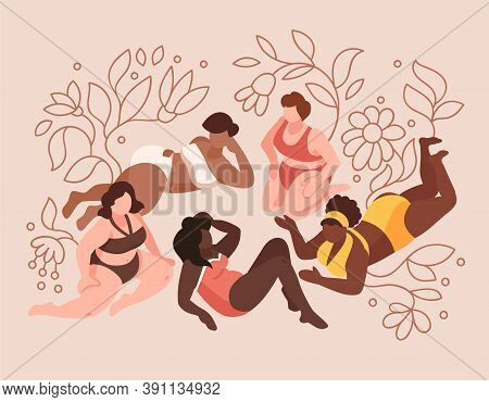 Isometric Body Positive Composition With Faceless Characters Of Lying Women Of Different Bodily Cons