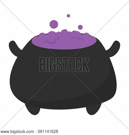 Halloween pot with violet potion vector isolated. Illustration of spooky october holiday element. Black cauldron full of poison, bubbles above the pot.