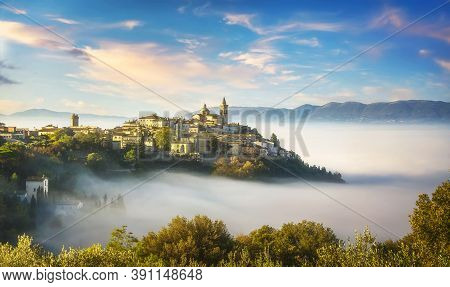 Trevi Picturesque Village In A Foggy Morning. Perugia, Umbria, Italy, Europe.