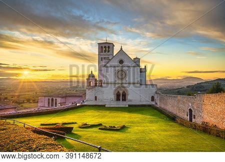 Assisi, San Francesco Or Saint Francis Basilica Upper Church At Sunset. Perugia, Umbria, Italy, Euro