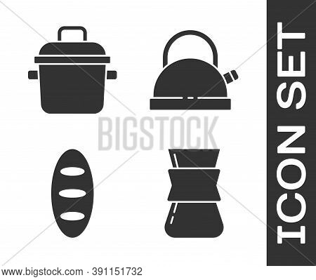 Set Coffee Turk, Cooking Pot, Bread Loaf And Kettle With Handle Icon. Vector