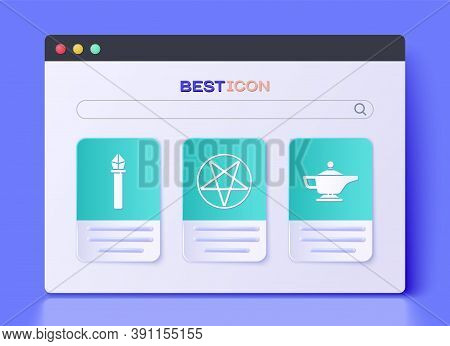 Set Pentagram In A Circle, Magic Staff And Magic Lamp Or Aladdin Icon. Vector