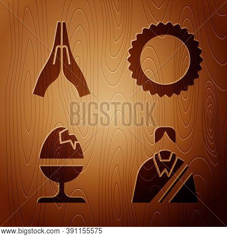 Set Jesus Christ, Hands In Praying Position, Chicken Egg On A Stand And Sun On Wooden Background. Ve