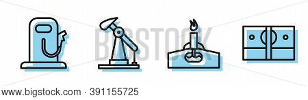 Set Line Oil Rig With Fire, Petrol Or Gas Station, Oil Pump Or Pump Jack And Stacks Paper Money Cash