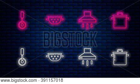 Set Line Kitchen Colander, Extractor Fan, Pizza Knife And Cooking Pot. Glowing Neon Icon On Brick Wa