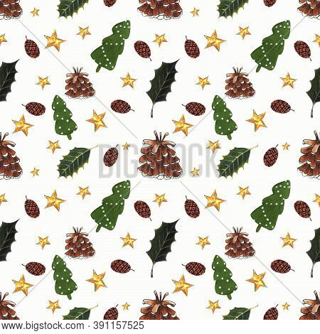 Seamless Pattern With Pine Cones, Gorl Stars, Fir And Holly Leaves. Hand Draw Illustration