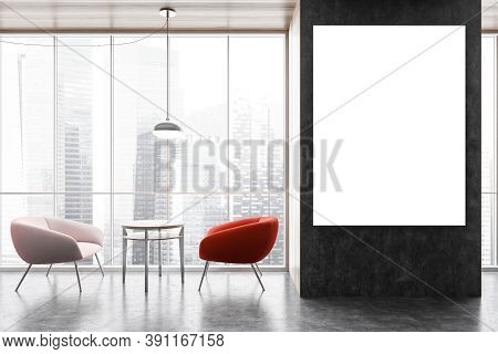 Mockup Canvas On A Grey Wall In Office Interior, Two Red And Pink Chairs Against Each Other With Woo