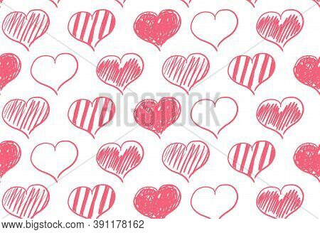 Vector Seamless Pattern Of Hand-drawn Red Hearts