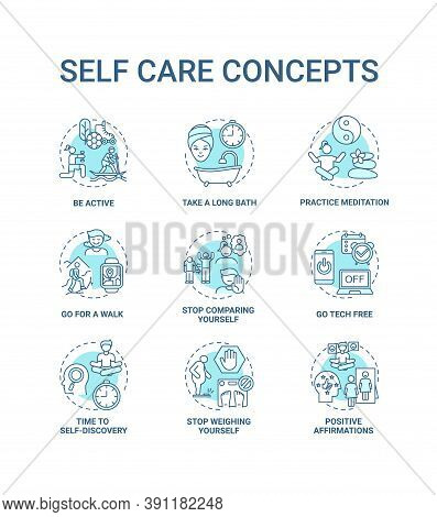 Self Care Concept Icons Set. Self Care Checklist. Self Care Tutorials. Body Health Improvement Tips 