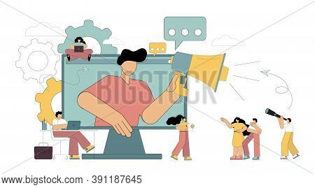 Big Megaphone And Flat People Concept. A Man With A Loudspeaker Looks Out Of The Monitor And Notifie