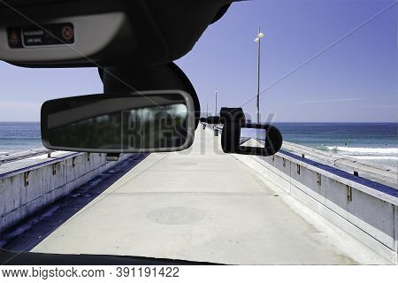 Looking Through A Dashcam Car Camera Installed On A Windshield With View Of Venice Beach Pier, Los A