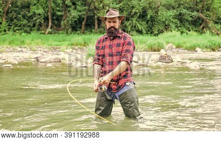 Time For A New Adventure. Fisherman With Fishing Rod. Summer Weekend. Big Game Fishing. Hobby And Sp