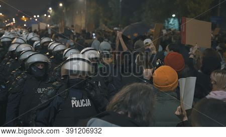 Warsaw, Poland 23.10.2020 - Protest Against Polands Abortion Laws. Police In Full Uniform With Shiel