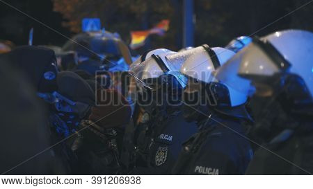 Warsaw, Poland 23.10.2020 - Protest Against Polands Abortion Laws. Police In Full Uniform With Shiel