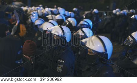 Warsaw, Poland 23.10.2020 - Protest Against Polands Abortion Laws. Police In Full Uniform With Shiel