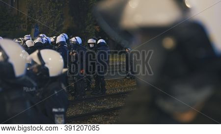 Warsaw, Poland 23.10.2020 - Protest Against Polands Abortion Laws. Police In Full Uniform With Shiel