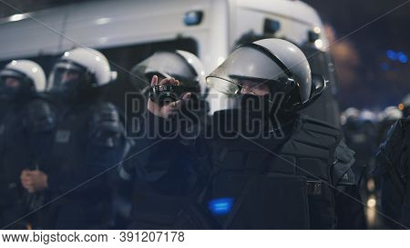 Warsaw, Poland 23.10.2020 - Protest Against Polands Abortion Laws. Police In Full Uniform With Shiel