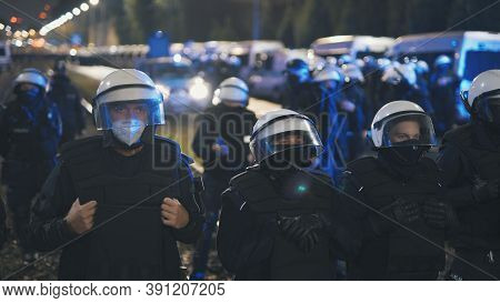 Warsaw, Poland 23.10.2020 - Protest Against Polands Abortion Laws. Police In Full Uniform With Shiel
