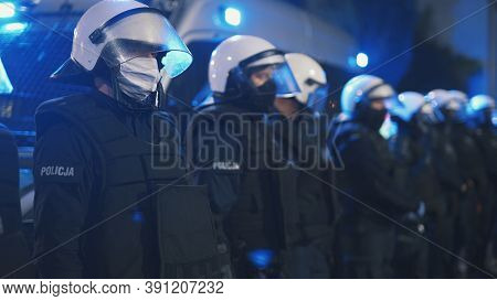 Warsaw, Poland 23.10.2020 - Protest Against Polands Abortion Laws. Police In Full Uniform With Shiel