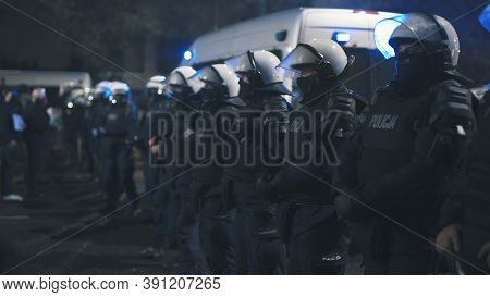 Warsaw, Poland 23.10.2020 - Protest Against Polands Abortion Laws. Police In Full Uniform With Shiel