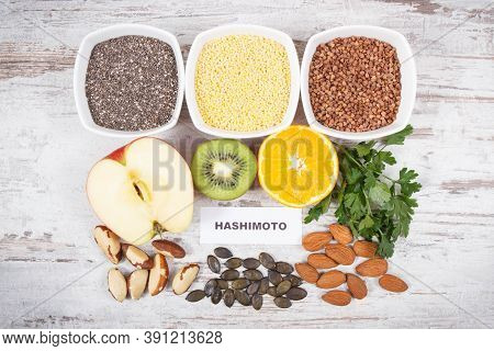 Inscription Hashimoto With Beneficial Nutritious Eating For Thyroid Gland. Healthy Ingredients Conta