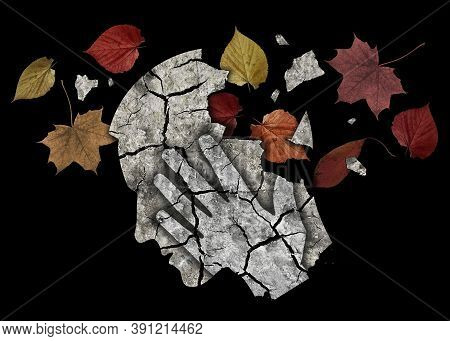 Mental Illness Alzheimer Disease, Autumn Depression, Demention. Stylized Male Head Silhouette With D