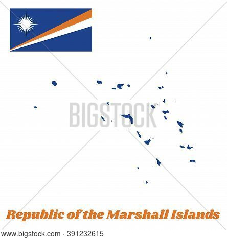 Map Outline And Flag Of Marshall. A Blue Field With Two Diagonal Stripes Of Orange And White And The