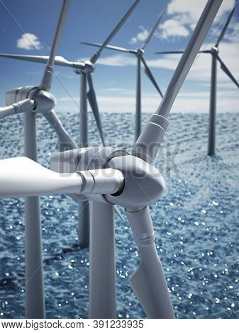 Wind Turbines. Power Plant With Wind Turbine, Clean Energy Generator Wind Turbine In Wind Farm.