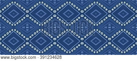 Indigo Ethnic Background. Seamless African Fabric Design. Blue Watercolor Native Border. Drawn By Pe