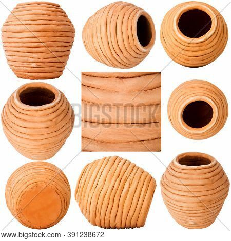 Collection Of Images With Unglazed Handmade Coiled Pottery Pot Made Of Red Clay Isolated On White Ba