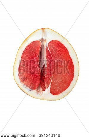 Top View Half Of Red Fresh Ripe Grapefruit Isolated On White Background. Looking Like Female Vagina,