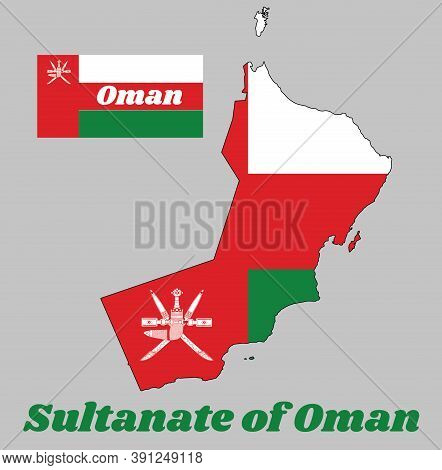 Map Outline And Flag Of Oman, A Horizontal Tricolor Of White, Red And Green; With A Vertical Red Str