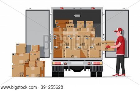 Truck Trailer Rear View Loaded With Cardboard Boxes. Delivery Van With Pile Of Boxes. Express Delive