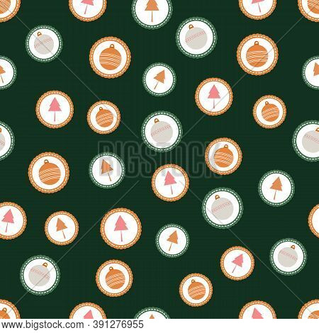 Seamless Pattern Of Sweet Winter Holiday Cookies With Christmas Trees And Ornaments On A Green Backg