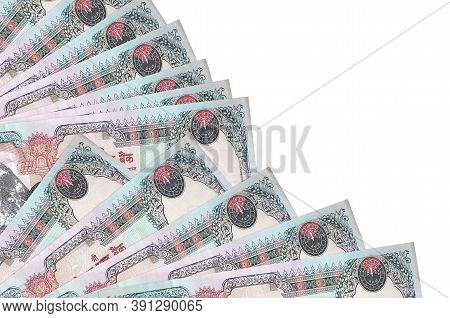 1000 Nepalese Rupees Bills Lies Isolated On White Background With Copy Space Stacked In Fan Close Up