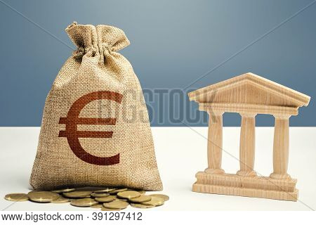 Euro Money Bag And Bank / Government Building. Budgeting, National Financial System. Lending Loans, 
