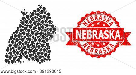 Pinpoint Mosaic Map Of Baden-wurttemberg State And Grunge Ribbon Seal. Red Seal Has Nebraska Text In