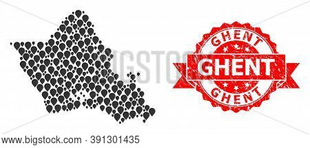 Pinpoint Mosaic Map Of Oahu Island And Grunge Ribbon Stamp. Red Stamp Contains Ghent Title Inside Ri