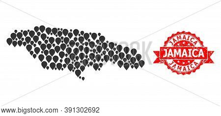 Pointer Mosaic Map Of Jamaica And Grunge Ribbon Seal. Red Seal Contains Jamaica Tag Inside Ribbon. A