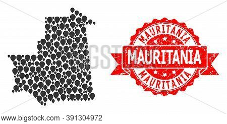 Pointer Collage Map Of Mauritania And Grunge Ribbon Stamp. Red Stamp Contains Mauritania Caption Ins